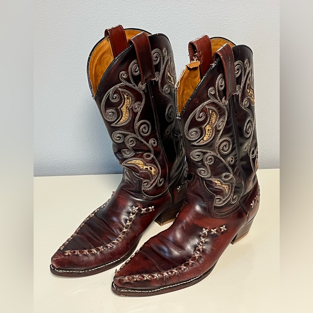 Sendra Mens 10-10.5/EU42 Cowboy Leather Boots 90s Made Spain VTG Braid Western